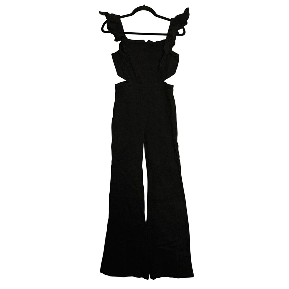 Flying Tomato Black Ruffle Cutout Wide Leg Jumpsuit Women's Size Medium